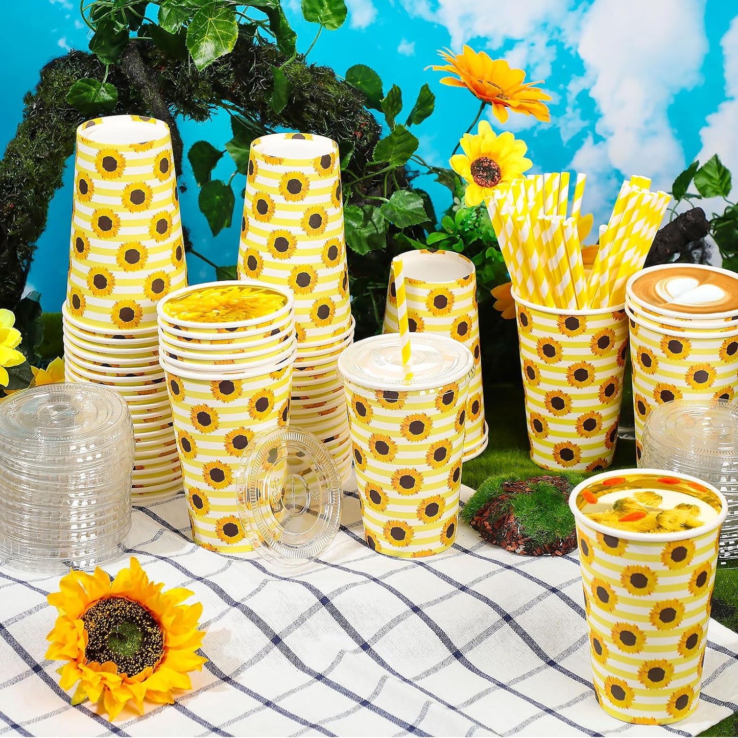 50 Sets Sunflower Paper Cups with Lids and Paper Straws 16oz Disposable Sunflower Iced Coffee Paper Cups