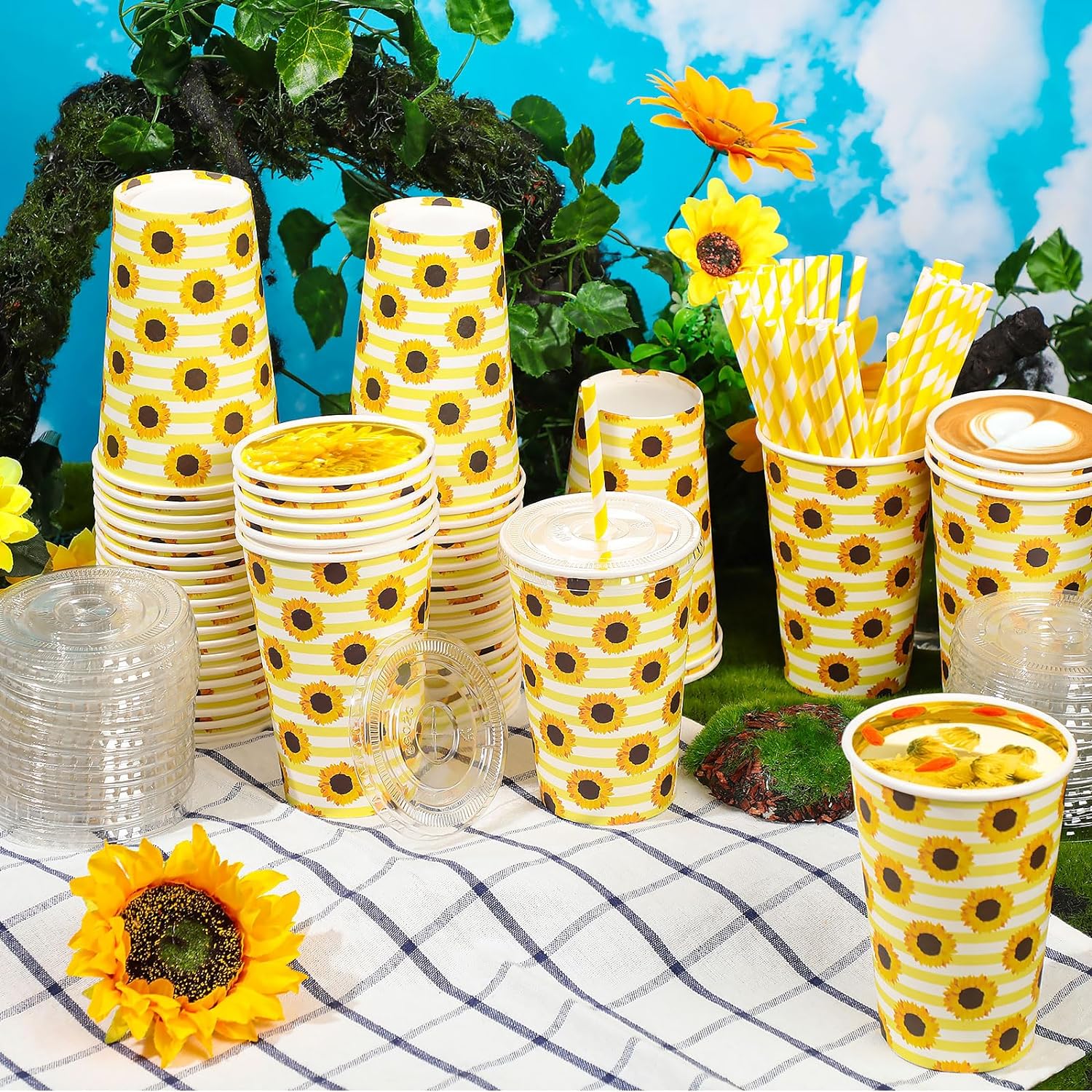 50 Sets Sunflower Paper Cups with Lids and Paper Straws 16oz Disposable Sunflower Iced Coffee Paper Cups