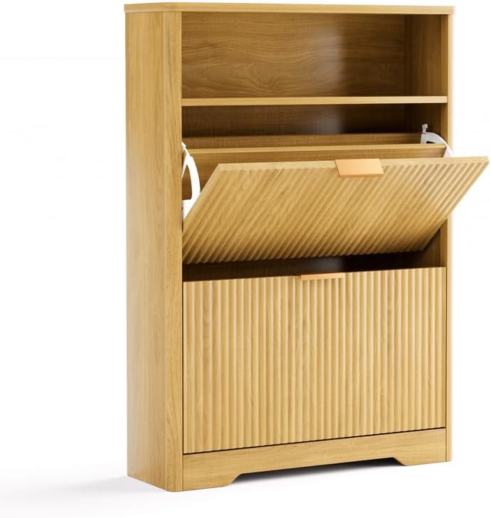 Shoe Cabinet with Flip Doors, Wave Pattern Entryway Storage with Top Shelf, 2 Flip Drawers and Adjustable Shelves, Anti-Tip Safety Design, for Foyer, Hallway, Natural