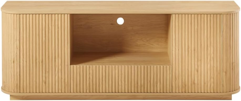 Natural Wood 64-Inch Wavy TV Stand with Rattan Doors, Rounded Storage Cabinet Buffet Sideboard, Vertical Stripe Design for Living Room Bedroom Entryway, 64''W x 15''D x 24''H