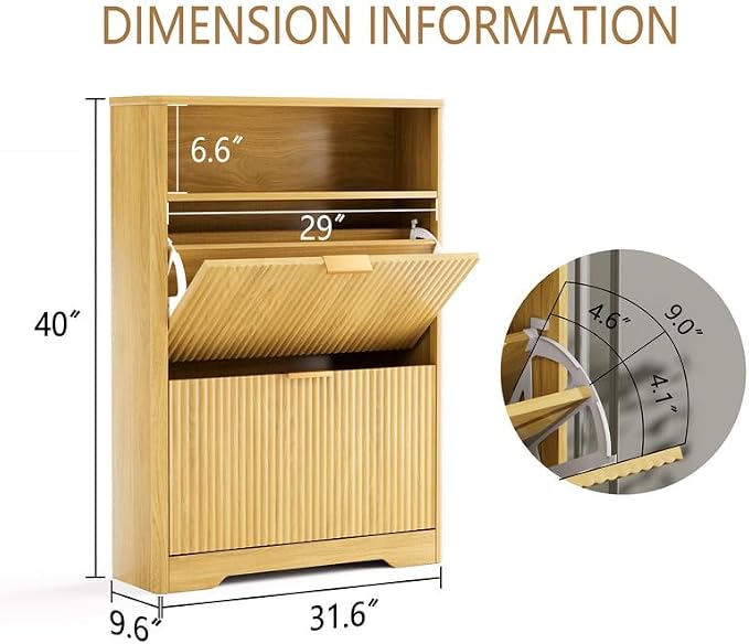 Shoe Cabinet with Flip Doors, Wave Pattern Entryway Storage with Top Shelf, 2 Flip Drawers and Adjustable Shelves, Anti-Tip Safety Design, for Foyer, Hallway, Natural