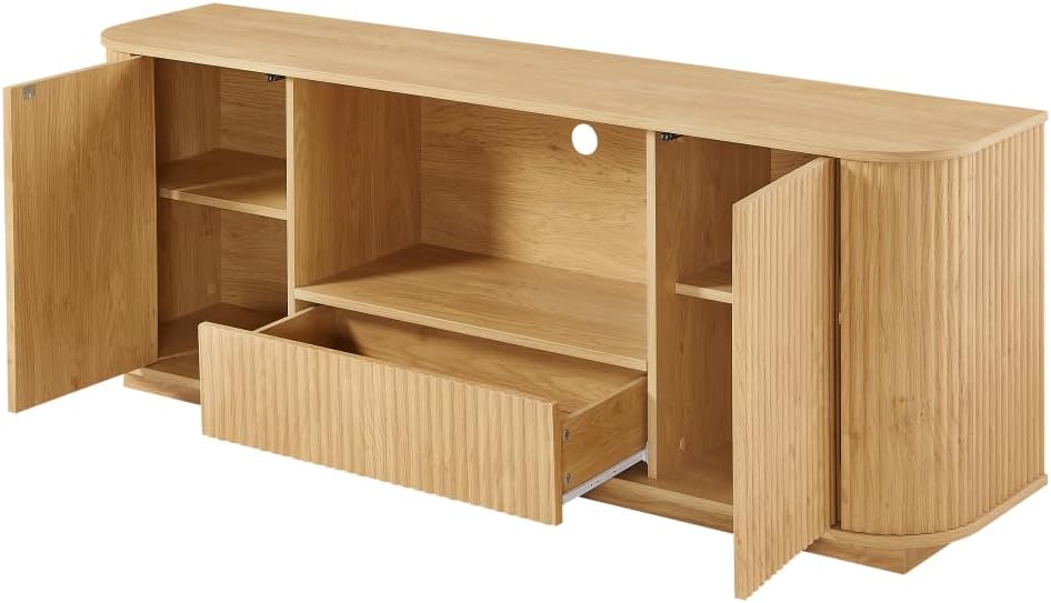 Natural Wood 64-Inch Wavy TV Stand with Rattan Doors, Rounded Storage Cabinet Buffet Sideboard, Vertical Stripe Design for Living Room Bedroom Entryway, 64''W x 15''D x 24''H