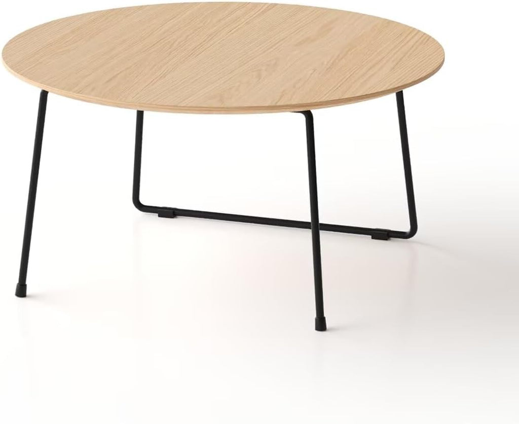 Round Wood Top Coffee Table with Black Metal Hairpin Legs, Minimalist Modern Cocktail Side Table, Small Space Living Room Accent Center Table
