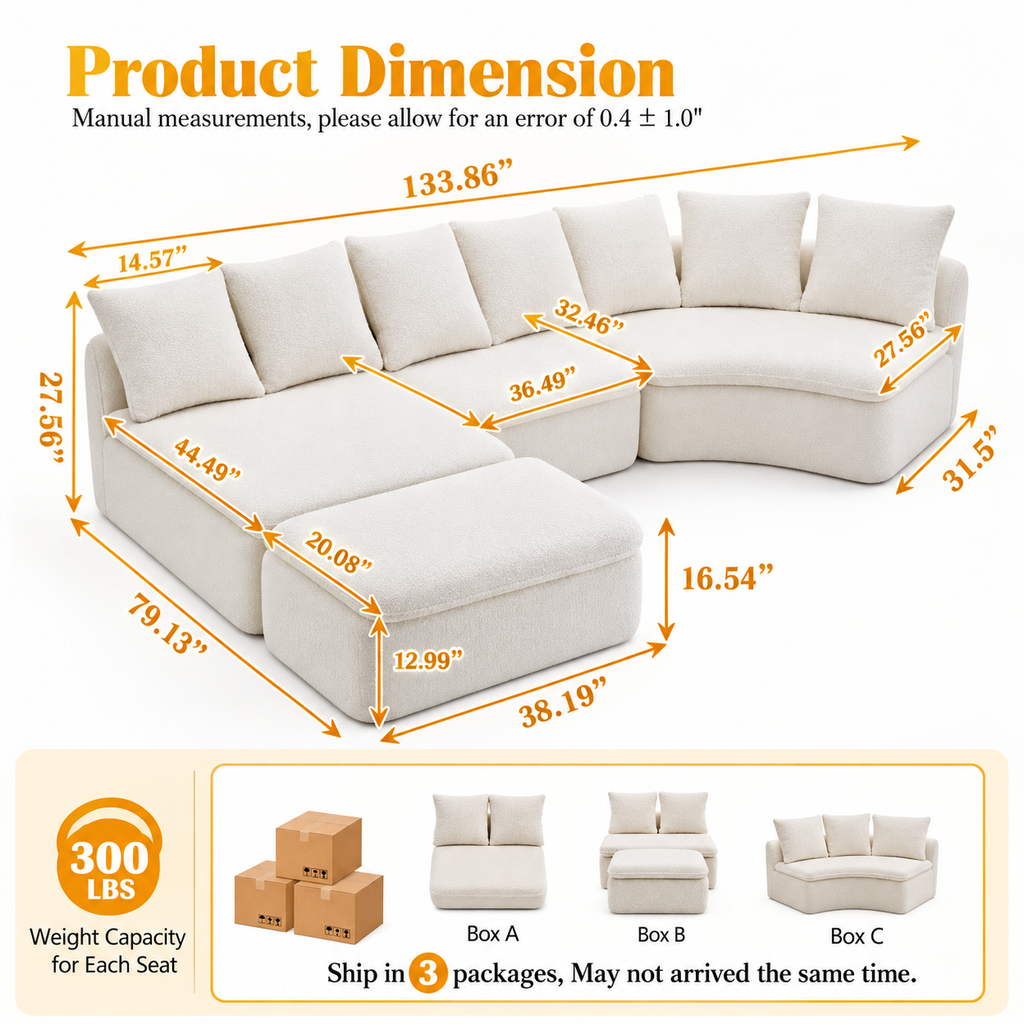 Luxury 133.86" Modular U-Shaped Sectional Sofa with Ottoman – Milk White Chenille Upholstery, Deep Cushions & Flexible Seating Design