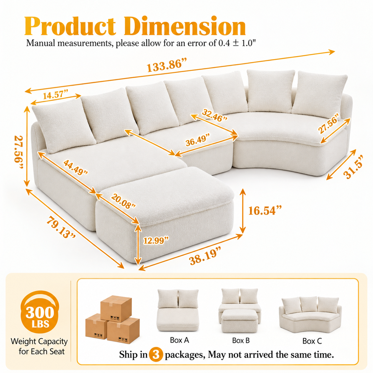 Luxury 133.86" Modular U-Shaped Sectional Sofa with Ottoman – Milk White Chenille Upholstery, Deep Cushions & Flexible Seating Design
