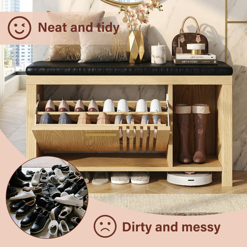 Shoe Storage Bench with Flip Drawers