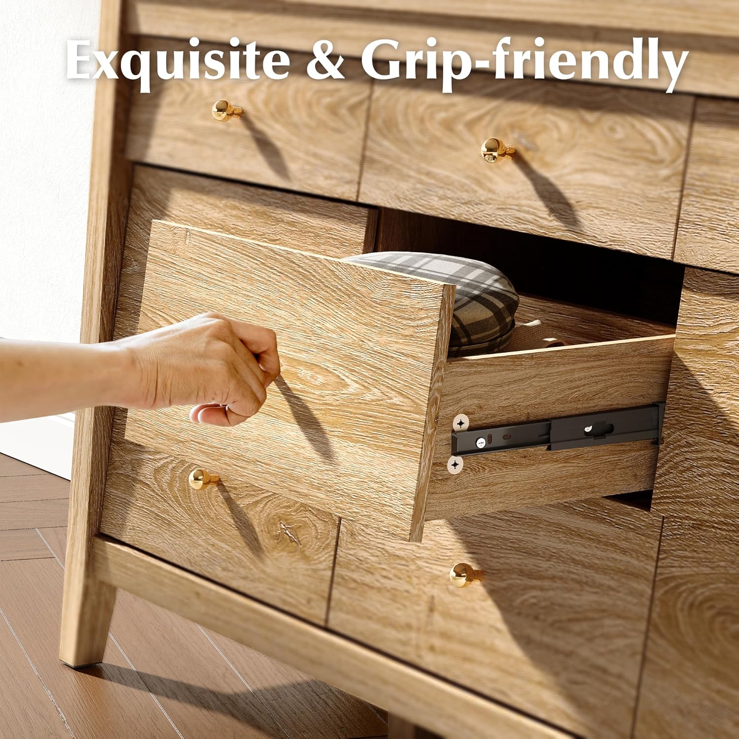 Wooden dresser with open drawer, hand reaching in, and text 'Exquisite & Grip-friendly'.