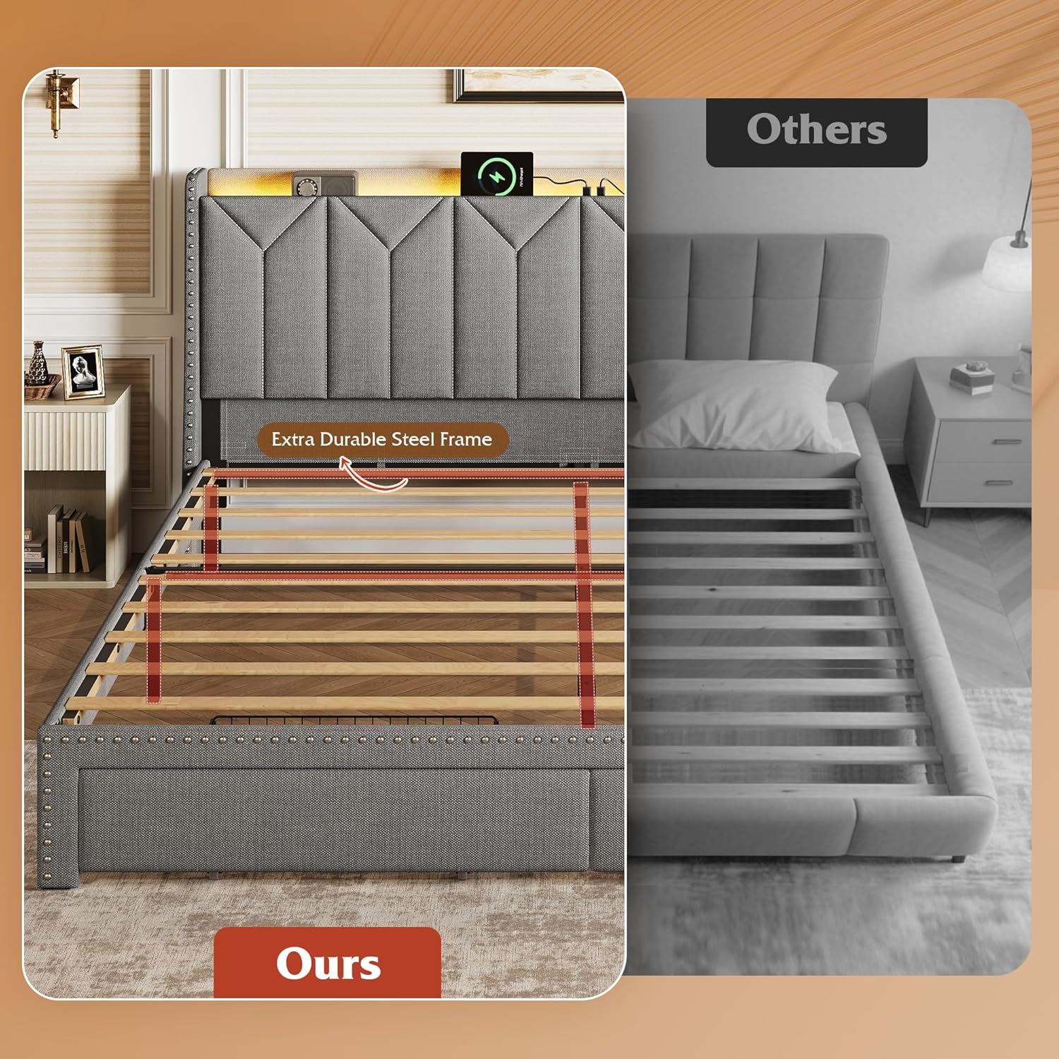 King Size Upholstered Bed Frame with 2 Drawers