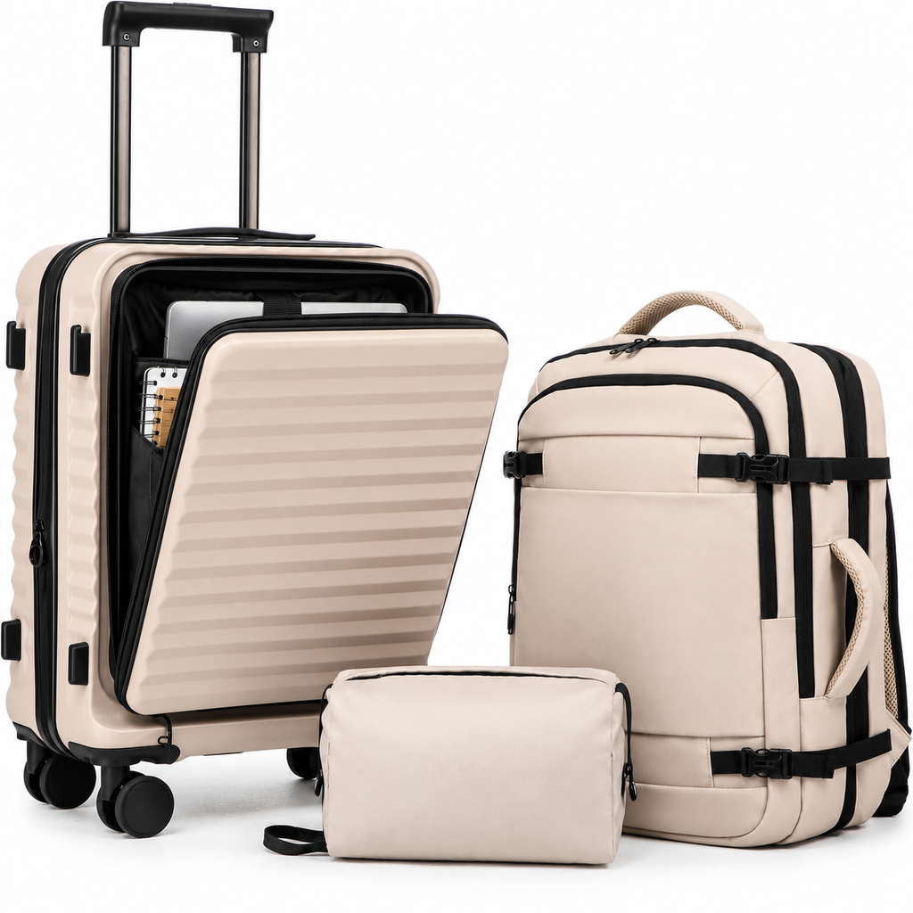 3-Piece Carry-On Beige Luggage Set with 20-Inch Expandable Hardside Suitcase, Travel Backpack & Toiletry Bag – Front Opening, TSA Lock & 360° Spinner Wheels