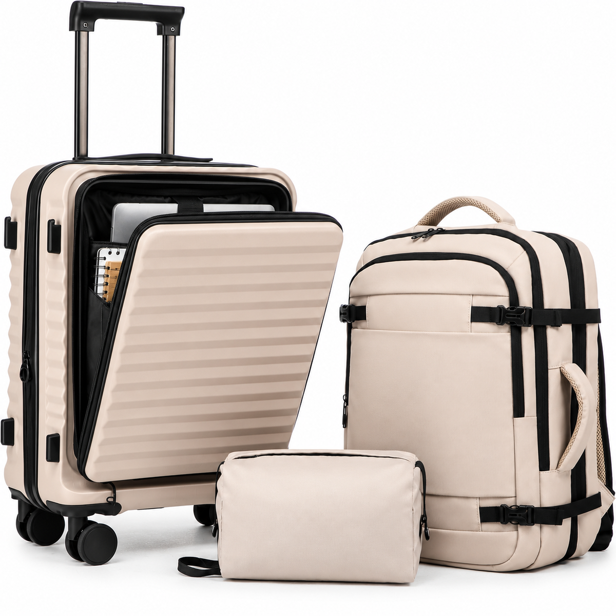 3-Piece Carry-On Beige Luggage Set with 20-Inch Expandable Hardside Suitcase, Travel Backpack & Toiletry Bag – Front Opening, TSA Lock & 360° Spinner Wheels
