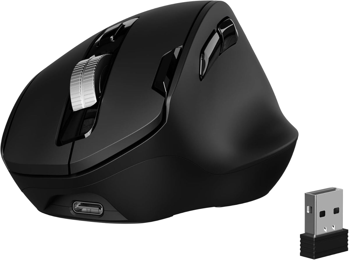 C2 Ergonomic Mouse, Wireless Computer Mouse (BT&2.4G) for Work/Office, 5 Adjustable 4000 DPI, Quiet Clicks, RGB Light, Battery Rechargeable Comfort Grip Bluetooth Mouse for Laptop/PC/Mac, Black
