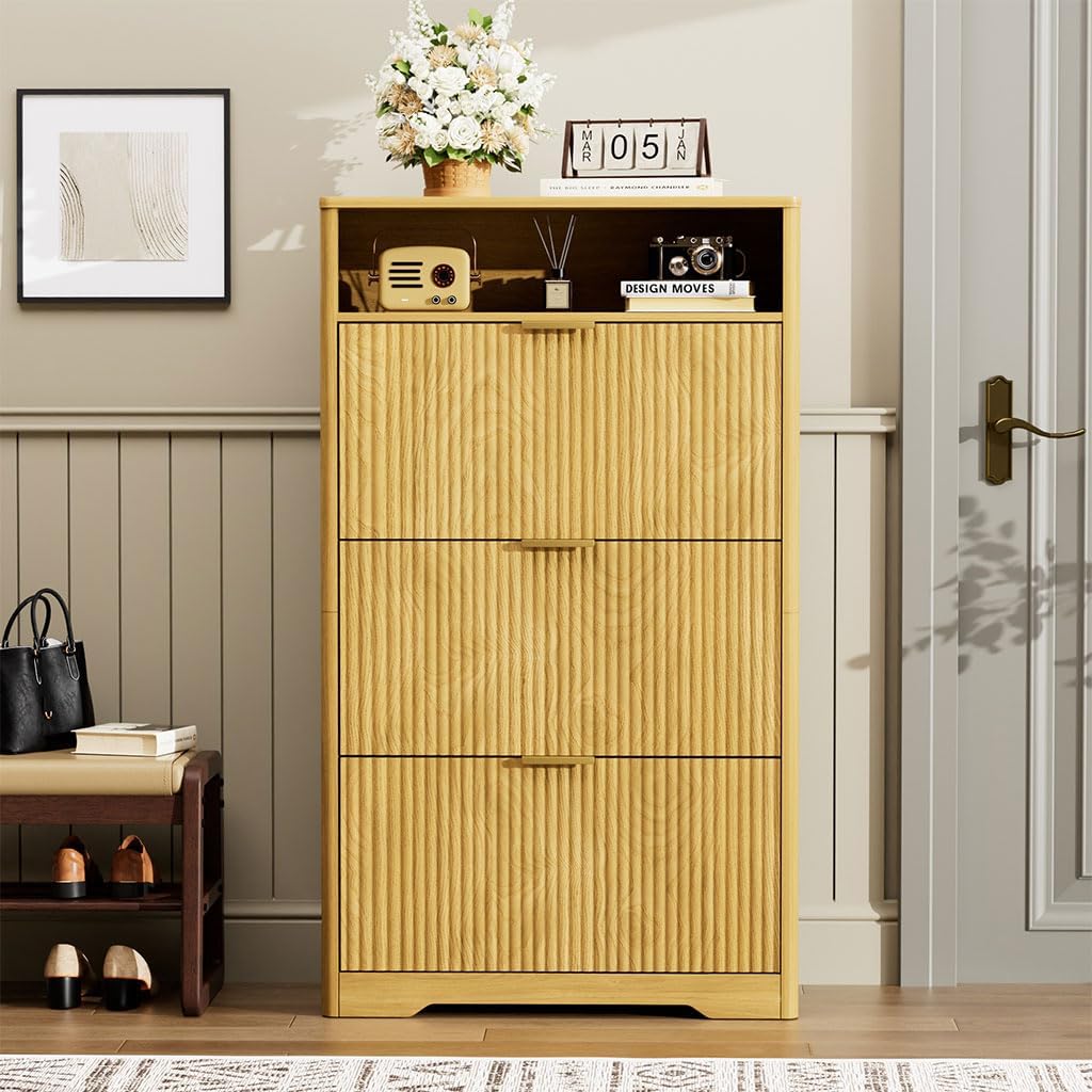 Fluted Shoe Cabinet with 3 Flip Drawers, Narrow Slim Hidden Shoe Rack for 24–30 Pairs, Freestanding Wooden Shoe Storage Organizer Cabinet for Entryway, Hallway, Living Room,Natural