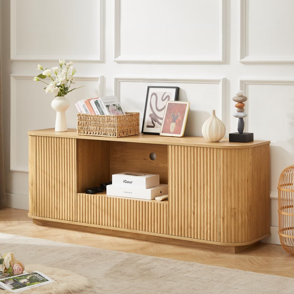 Natural Wood 64-Inch Wavy TV Stand with Rattan Doors, Rounded Storage Cabinet Buffet Sideboard, Vertical Stripe Design for Living Room Bedroom Entryway, 64''W x 15''D x 24''H