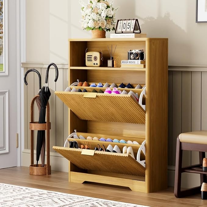 Shoe Cabinet with Flip Doors, Wave Pattern Entryway Storage with Top Shelf, 2 Flip Drawers and Adjustable Shelves, Anti-Tip Safety Design, for Foyer, Hallway, Natural