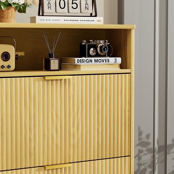 Shoe Cabinet with Flip Doors, Wave Pattern Entryway Storage with Top Shelf, 2 Flip Drawers and Adjustable Shelves, Anti-Tip Safety Design, for Foyer, Hallway, Natural