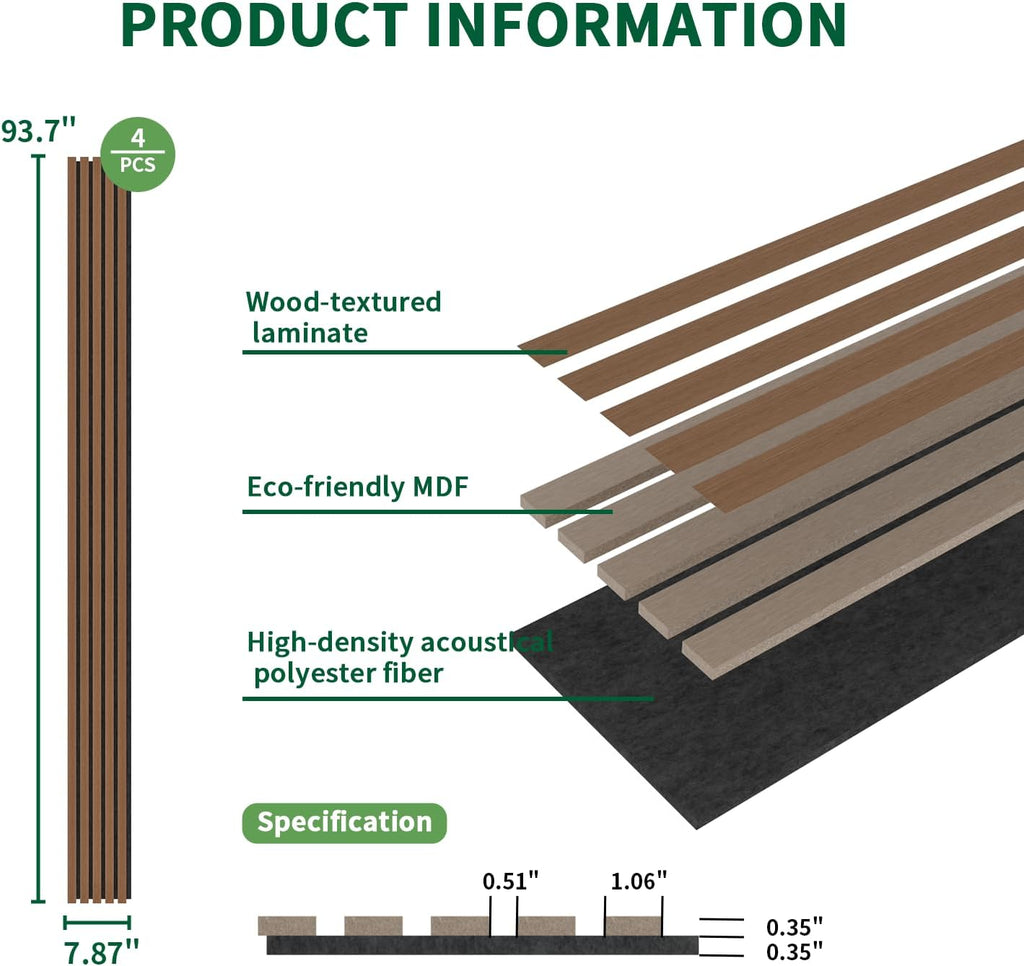 Wood Slat Acoustic Panels, 4 Pack 94" x 8"(21ft²) Wood Wall Panels, Walnut