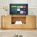 Natural Wood 64-Inch Wavy TV Stand with Rattan Doors, Rounded Storage Cabinet Buffet Sideboard, Vertical Stripe Design for Living Room Bedroom Entryway, 64''W x 15''D x 24''H