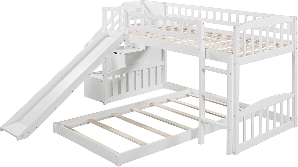 Bunk Bed Twin Over Twin, Bunk Bed with Stairs, Twin bunk Bed for Kids, Teens, Kids bunk beds, White Twin