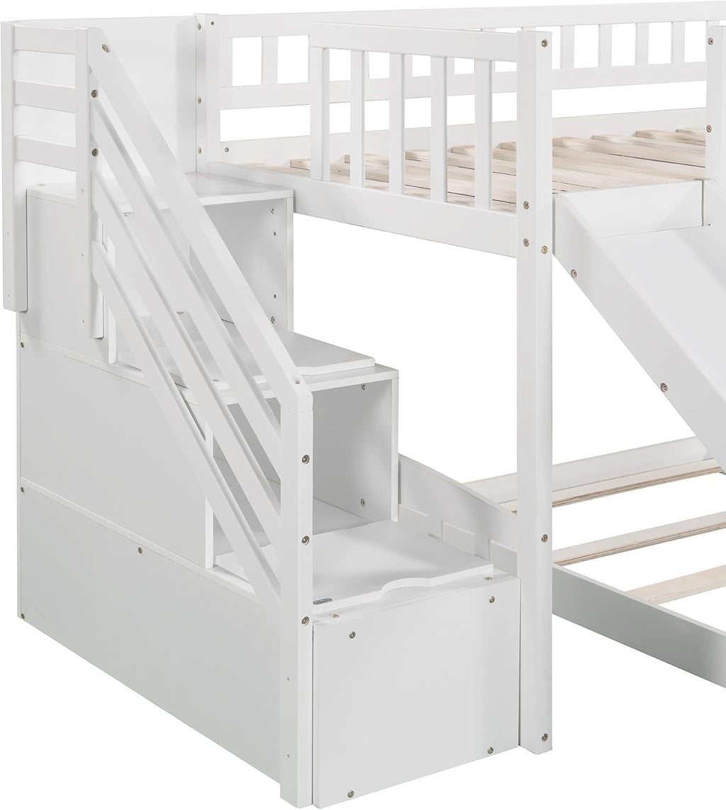 Bunk Bed Twin Over Twin, Bunk Bed with Stairs, Twin bunk Bed for Kids, Teens, Kids bunk beds, White Twin