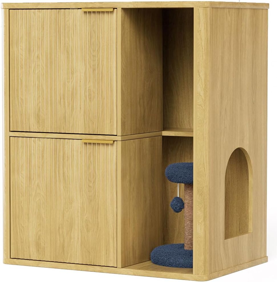Cat Litter Box Enclosure Furniture, 2 Storey Hidden Litter Box Cabinet with Scratching Post & Storage Shelf, Fluted Modern Litter Box Enclosure for Living Room, Bedroom,Natural