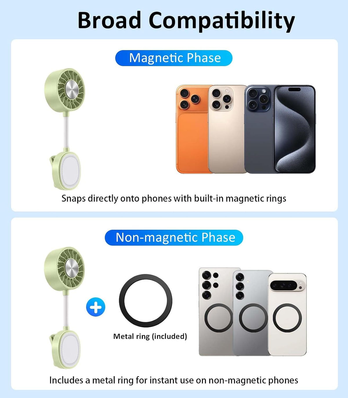 Magnetic Phone Fan with Ice Cooling, 3-in-1 Clip on Fan（Green）
