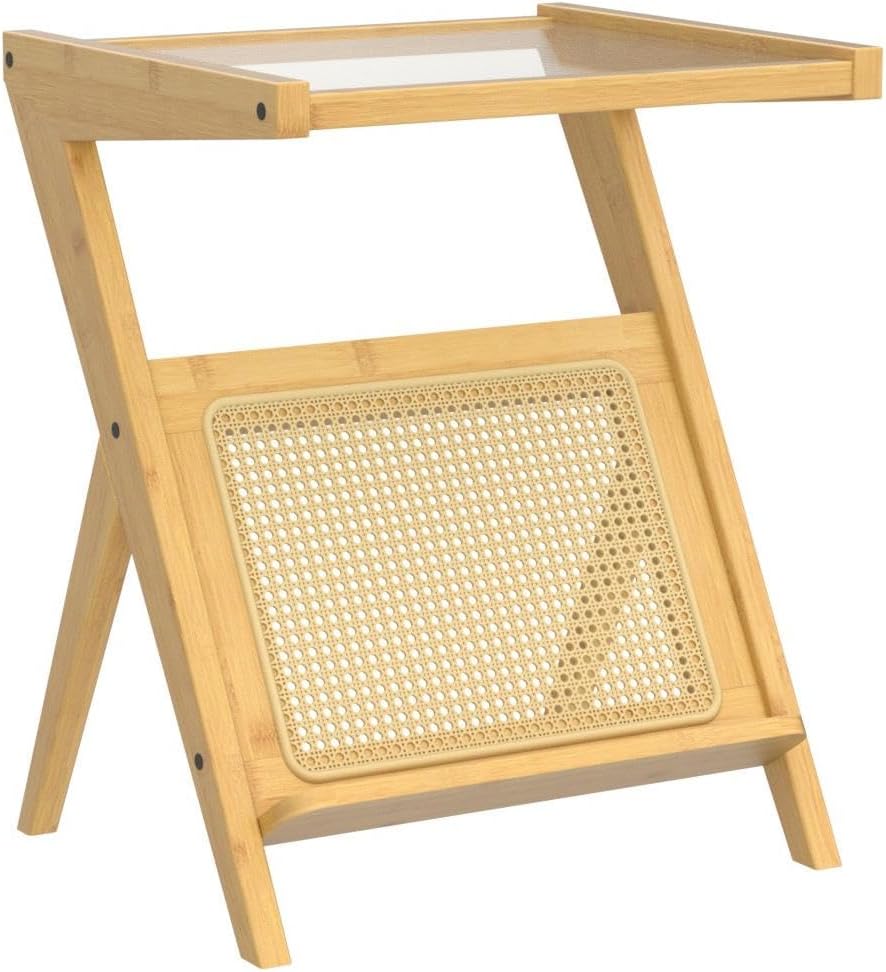 Rattan Side Table Boho Nightstand with Storage Shelf