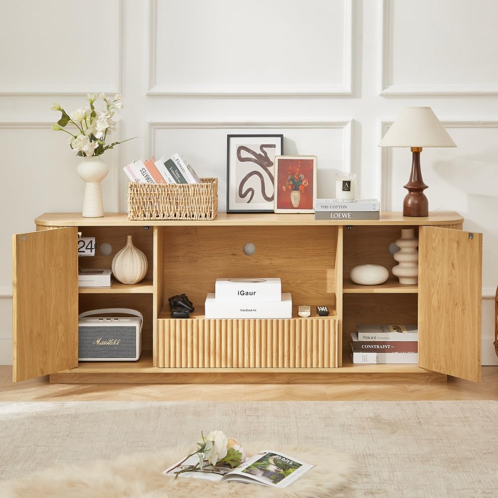 Natural Wood 64-Inch Wavy TV Stand with Rattan Doors, Rounded Storage Cabinet Buffet Sideboard, Vertical Stripe Design for Living Room Bedroom Entryway, 64''W x 15''D x 24''H