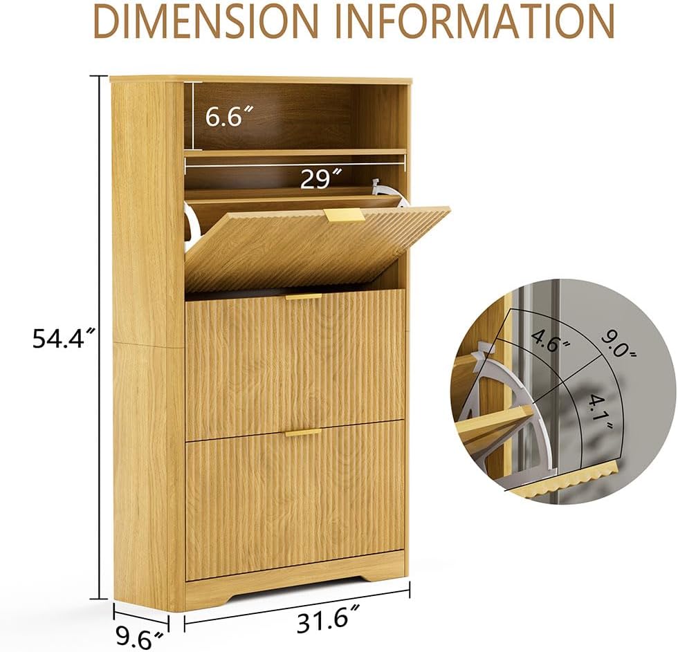 Fluted Shoe Cabinet with 3 Flip Drawers, Narrow Slim Hidden Shoe Rack for 24–30 Pairs, Freestanding Wooden Shoe Storage Organizer Cabinet for Entryway, Hallway, Living Room,Natural