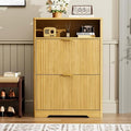 Shoe Cabinet with Flip Doors, Wave Pattern Entryway Storage with Top Shelf, 2 Flip Drawers and Adjustable Shelves, Anti-Tip Safety Design, for Foyer, Hallway, Natural