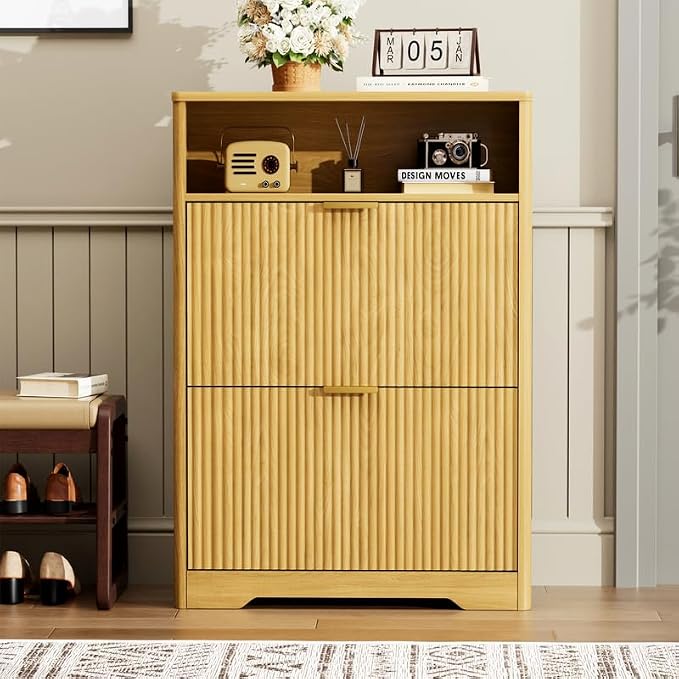 Shoe Cabinet with Flip Doors, Wave Pattern Entryway Storage with Top Shelf, 2 Flip Drawers and Adjustable Shelves, Anti-Tip Safety Design, for Foyer, Hallway, Natural