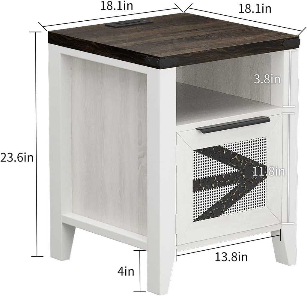 Farmhouse End Table with Charging Station, 18.1" Narrow Side Table for Living Room, Sofa End Table with Storage Cabinet & Open Shelf, Nightstand with 2 USB Ports and 2 AC Outlets