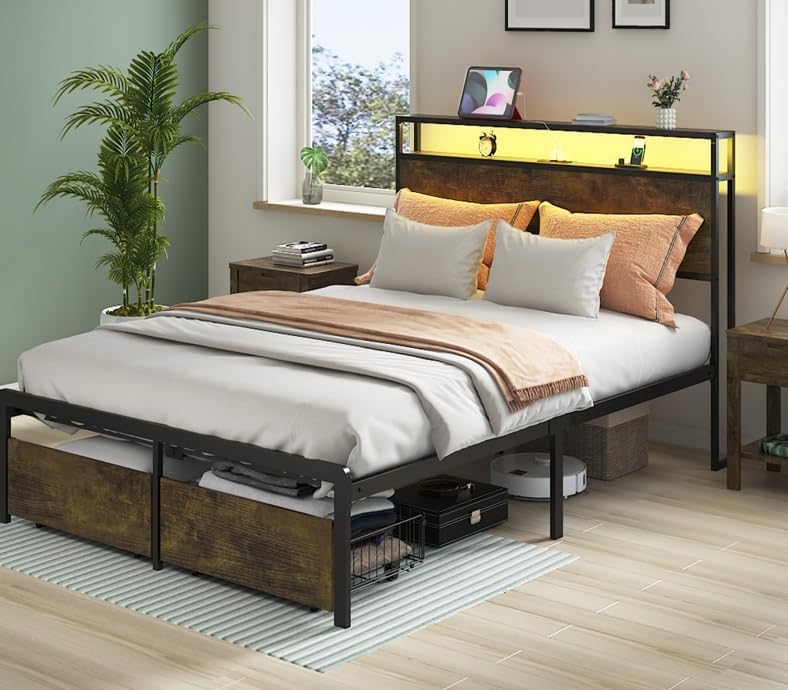 Full Size Metal Platform Bed Frame with Wood Headboard and Footboard & USB Charging Station and Smart LED Lights
