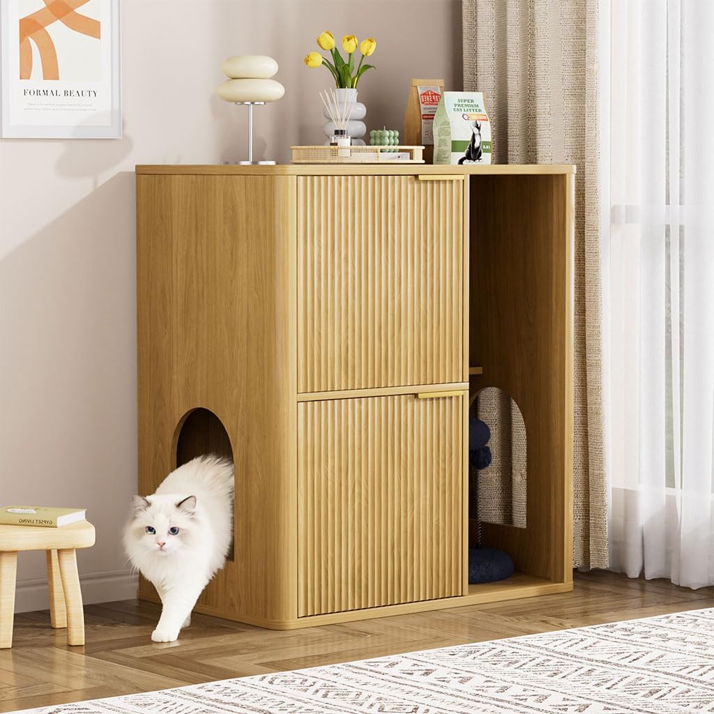 Cat Litter Box Enclosure Furniture, 2 Storey Hidden Litter Box Cabinet with Scratching Post & Storage Shelf, Fluted Modern Litter Box Enclosure for Living Room, Bedroom,Natural