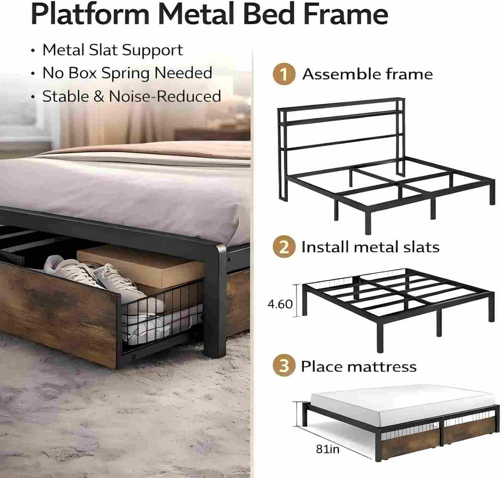 Metal Platform Bed Frame Queen Size with Wood Headboard and Footboard & USB Charging Station and Smart LED Lights (Queen)