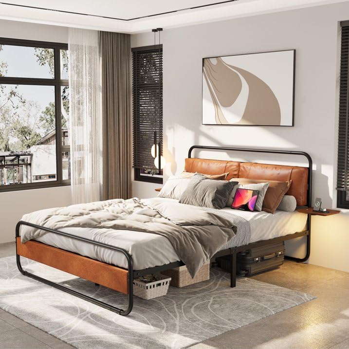 Queen Size Bed Frame,Metal Platform Queen Bed Frame, Queen Bed with Leather Upholstered Headboard, Built in Charging Station & LED, Noise-Free/Metal Slat Support/No Box Spring Needed, USB A+C Brand: B&L