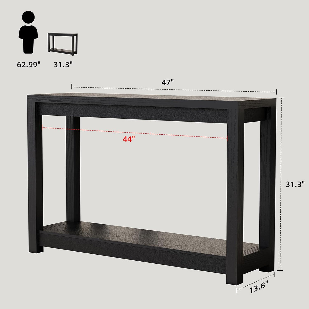 47" Entryway Table, Long Narrow Console Table with Shelves, Farmhouse Wood Sofa Table Behind Couch, Rustic Entry Table for Hallway, Living Room or Foyer, Black