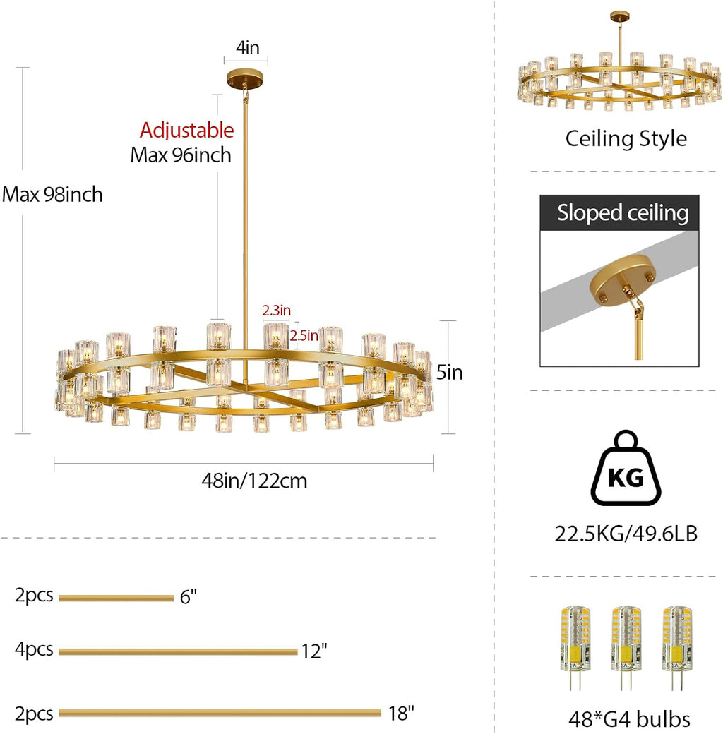 Modern 48 inch Gold Round Chandeliers Light Fixture, Crystal Chandeliers for Dining Room, Living Room Chandelier, Wagon Wheel Chandelier Over Table, Suitable for Bedroom,Foyer,Includes Bulbs