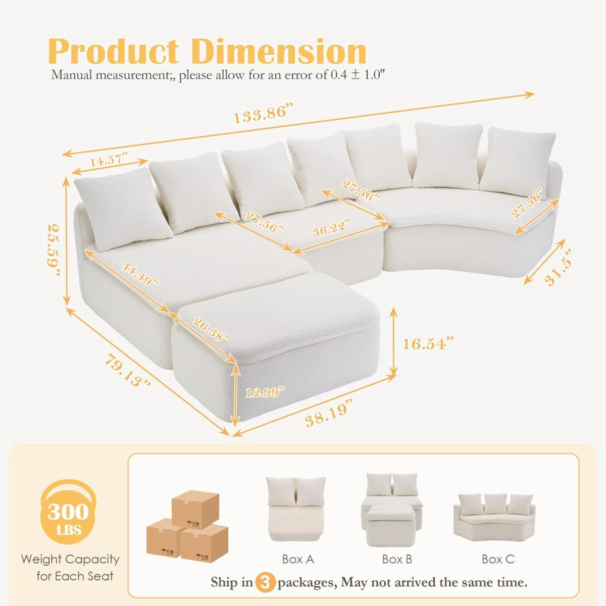 133'' Modular U Shape Sectional Compression Sofa with Removable Recliner and Back Cushions for Living Room, Bedroom, Chenille Boneless Sofa Couch with Ottoman for Large Spaces