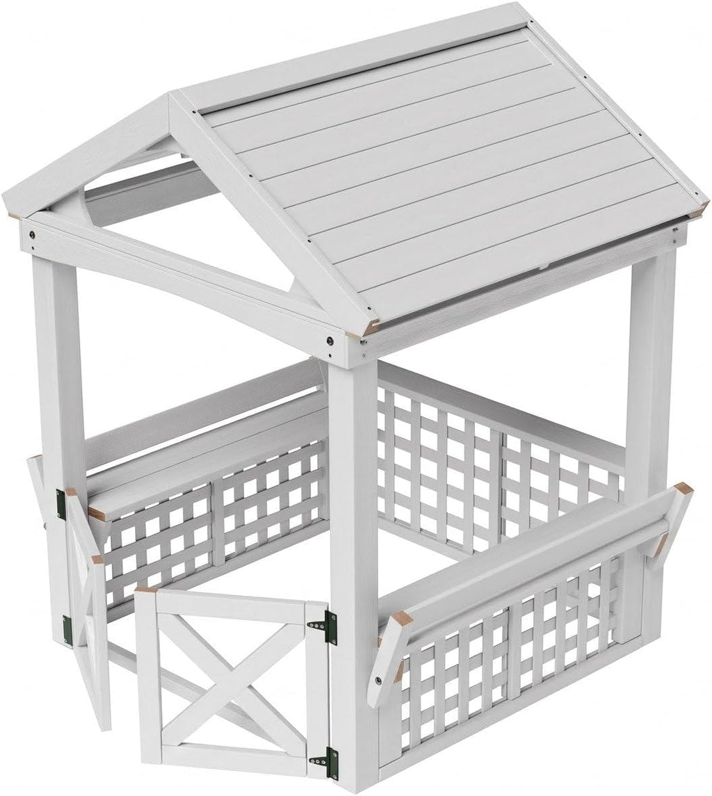 Large White Outdoor Wooden Playhouse for Kids, Weather-Resistant Cedar Fir Wood Backyard Cottage with Bench, Ultimate to Place Near Your White Christmas Tree,