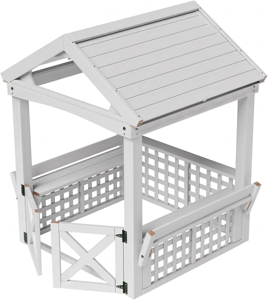 Large White Outdoor Wooden Playhouse for Kids, Weather-Resistant Cedar Fir Wood Backyard Cottage with Bench, Ultimate to Place Near Your White Christmas Tree,