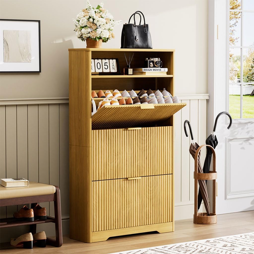 Fluted Shoe Cabinet with 3 Flip Drawers, Narrow Slim Hidden Shoe Rack for 24–30 Pairs, Freestanding Wooden Shoe Storage Organizer Cabinet for Entryway, Hallway, Living Room,Natural