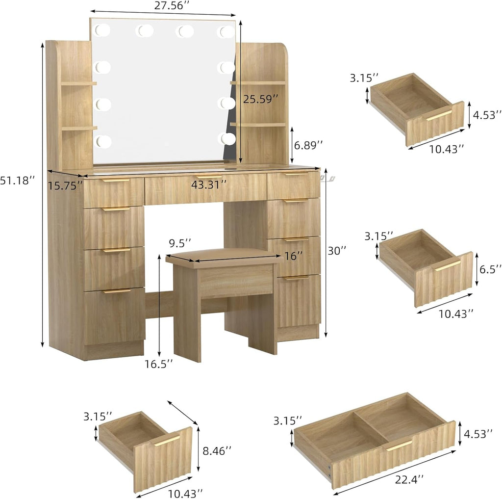 VOWNER Fluted Vanity with Mirror and Lights, 43" Glass Top Makeup Vanity Desk