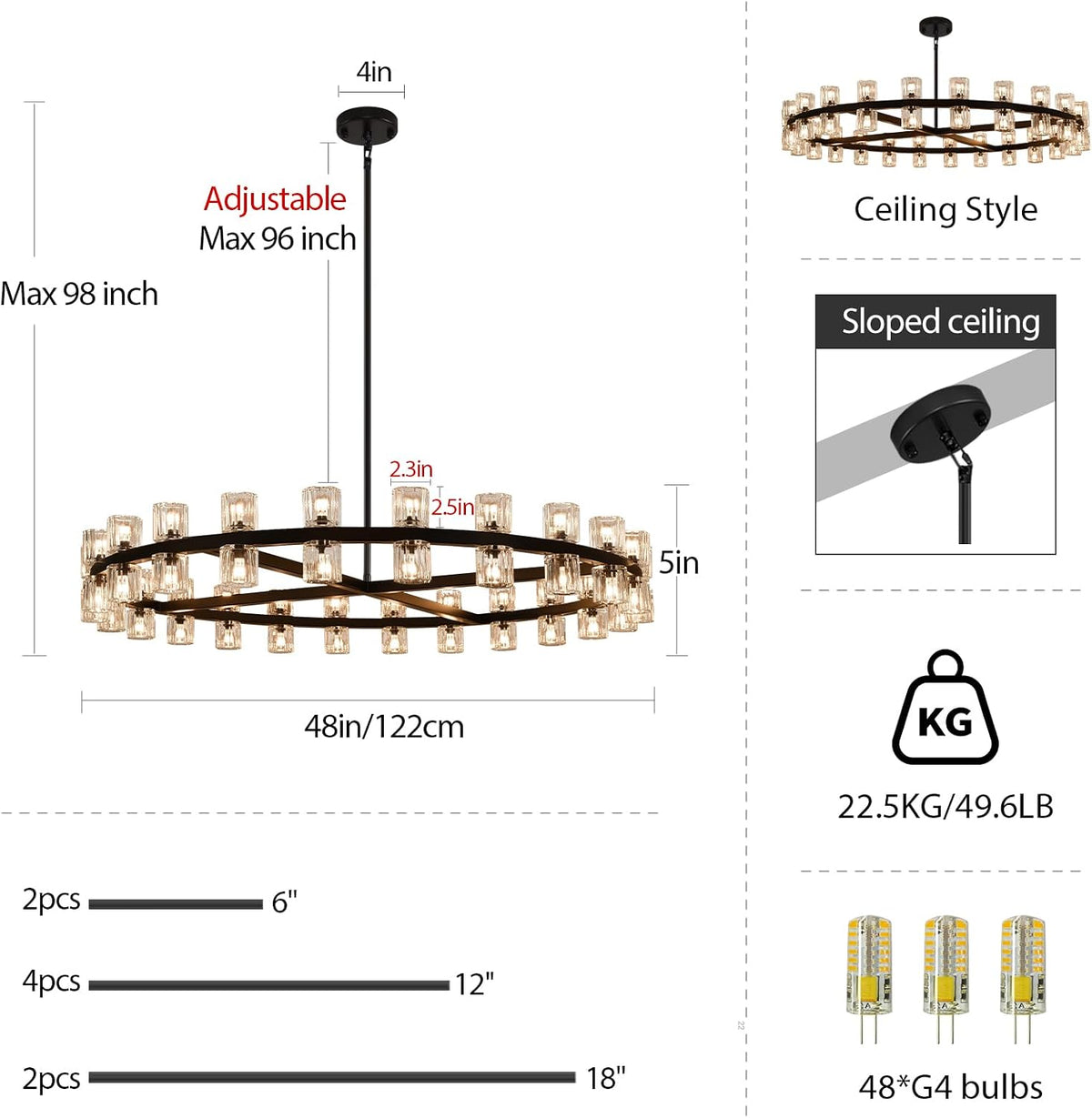 48 inch Black Round Chandeliers Light Fixture, Crystal Chandeliers for Dining Room, Living Room Chandelier, Wagon Wheel Chandelier Over Table, Suitable for Bedroom,Foyer,Includes Bulb
