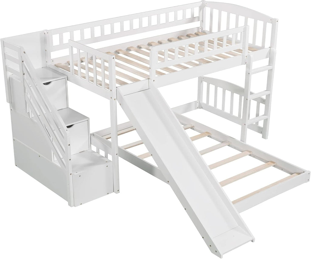 Bunk Bed Twin Over Twin, Bunk Bed with Stairs, Twin bunk Bed for Kids, Teens, Kids bunk beds, White Twin
