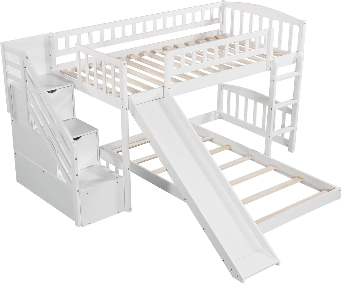 Bunk Bed Twin Over Twin, Bunk Bed with Stairs, Twin bunk Bed for Kids, Teens, Kids bunk beds, White Twin