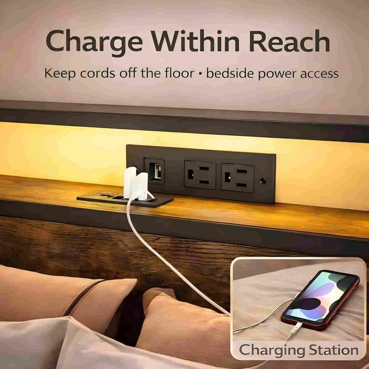 Full Size Metal Platform Bed Frame with Wood Headboard and Footboard & USB Charging Station and Smart LED Lights