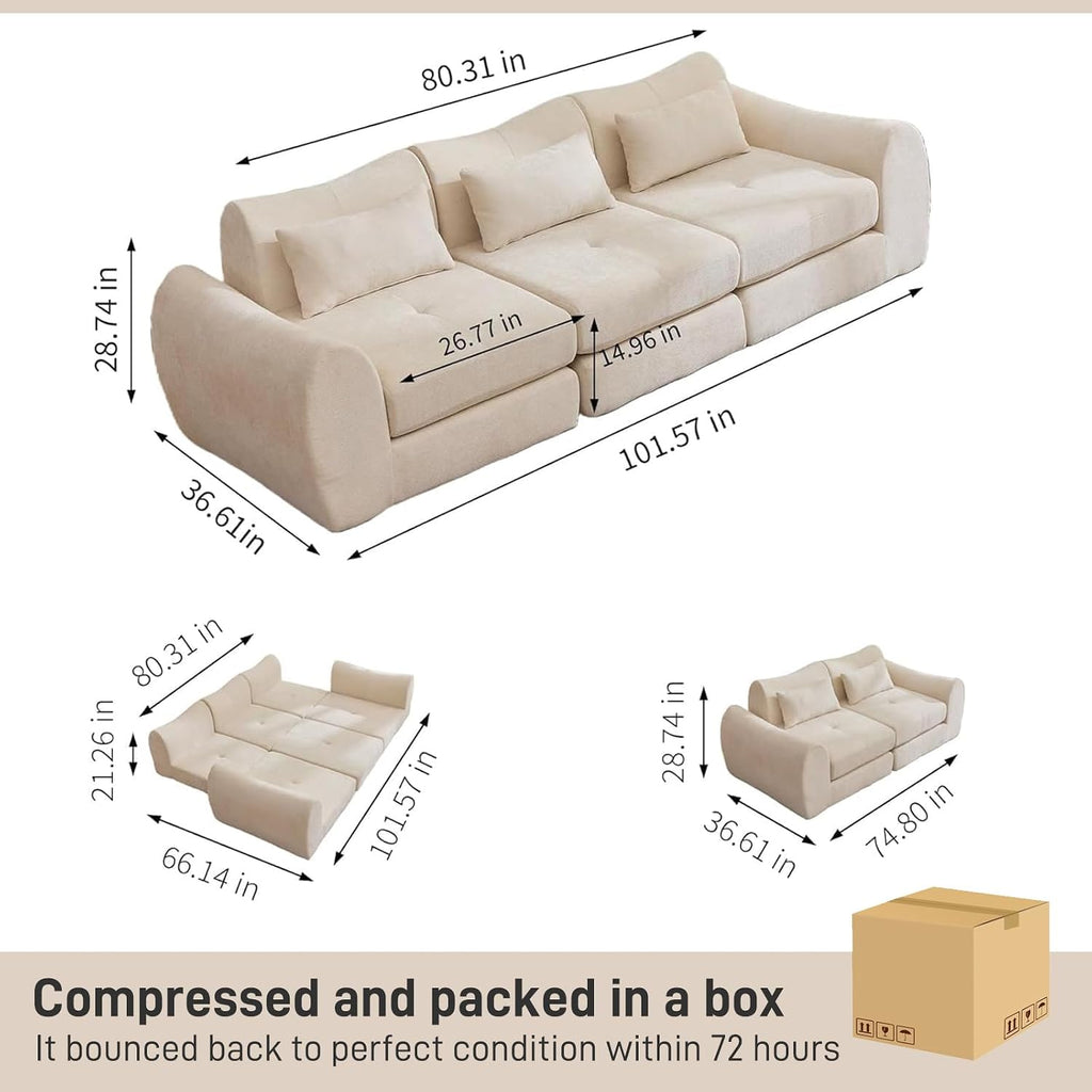 102" Modular Sectional Boneless Couch, Convertible Cloud Sofa Bed with Upholstered Deep Seat, Soft Deep Lounger for Living Room Playroom (Beige)