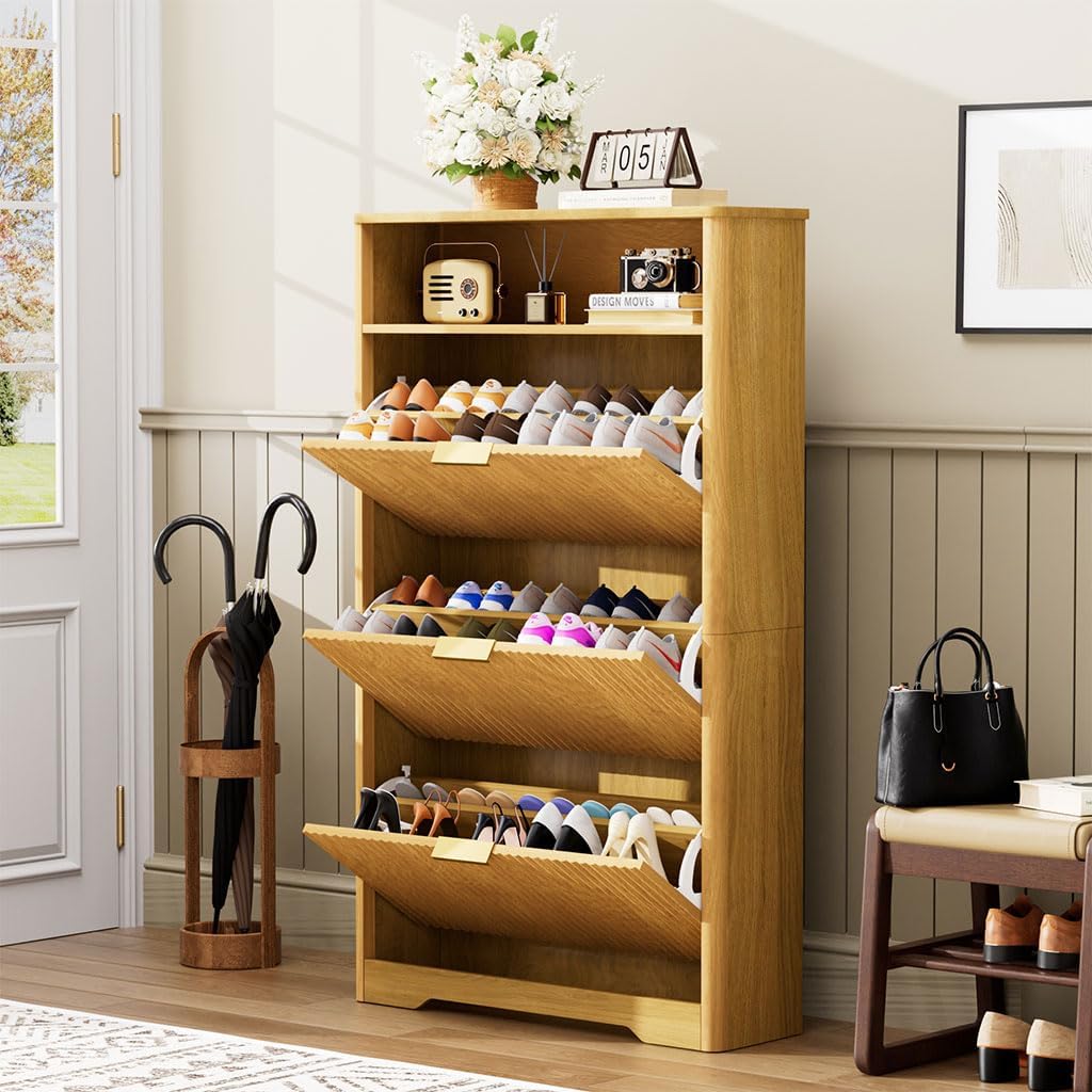 Fluted Shoe Cabinet with 3 Flip Drawers, Narrow Slim Hidden Shoe Rack for 24–30 Pairs, Freestanding Wooden Shoe Storage Organizer Cabinet for Entryway, Hallway, Living Room,Natural