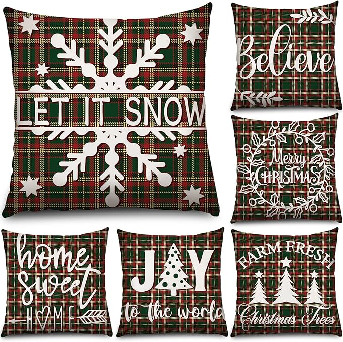 6 Pcs Christmas Pillow Case Christmas Pillow Cover Holiday Decor 18 x 18 inch Throw Pillow Case