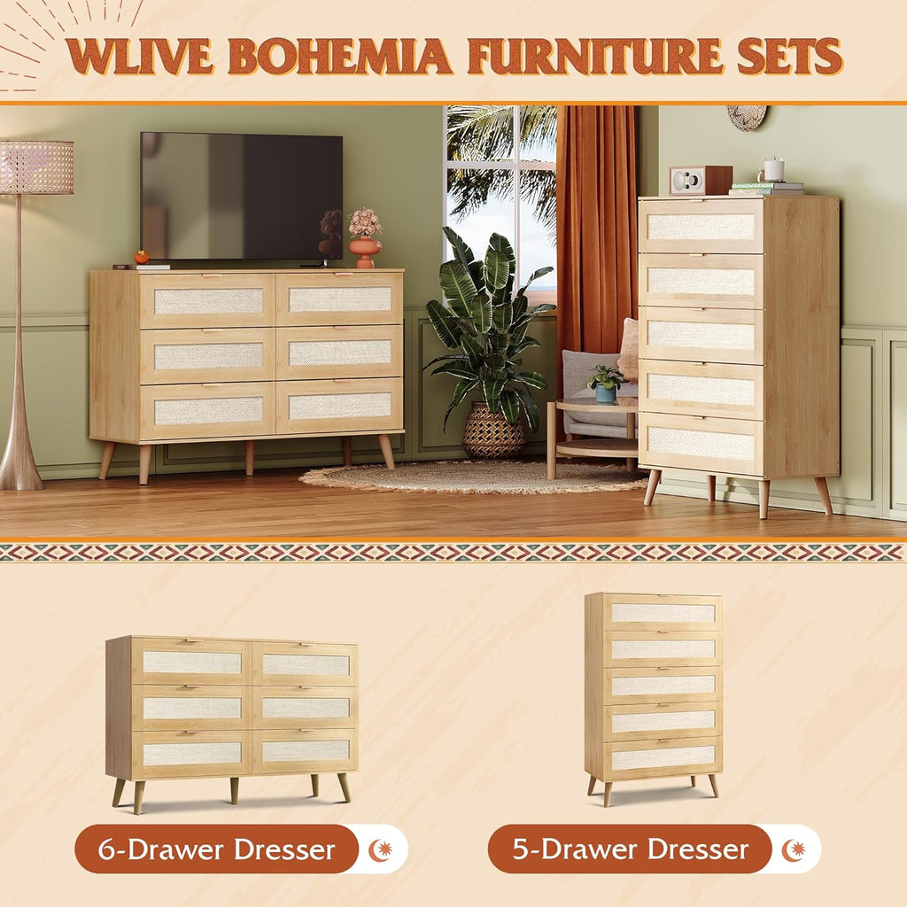 6 Drawer Ratten Dresser ( Light Oak, White )